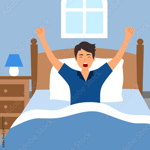Young man waking up in bed yawning in the morning vector illustration.
