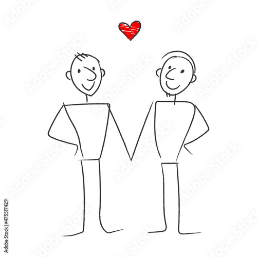 Stick figure gay couple holding hands with red heart