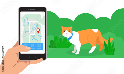 A cat with a Gps tracker on a walk. A smartphone with a city map shows the movement of pets in the application. A pet tracking app. Vector flat trend illustration on white background.