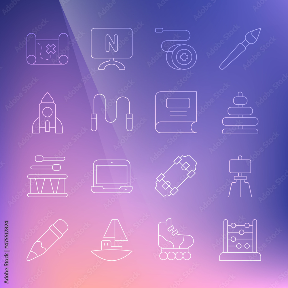 Set line Abacus, Wood easel, Pyramid toy, Yoyo, Jump rope, Rocket ship, Pirate treasure map and Book icon. Vector Set line Abacus, Wood easel, Pyramid toy, Yoyo, Jump rope, Rocket ship, Pirate treasure map and Book icon. Vector