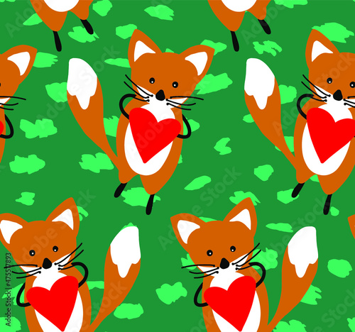 Abstract Hand Drawing Cute Foxes and Hearts Seamless Vector Pattern Isolated Background