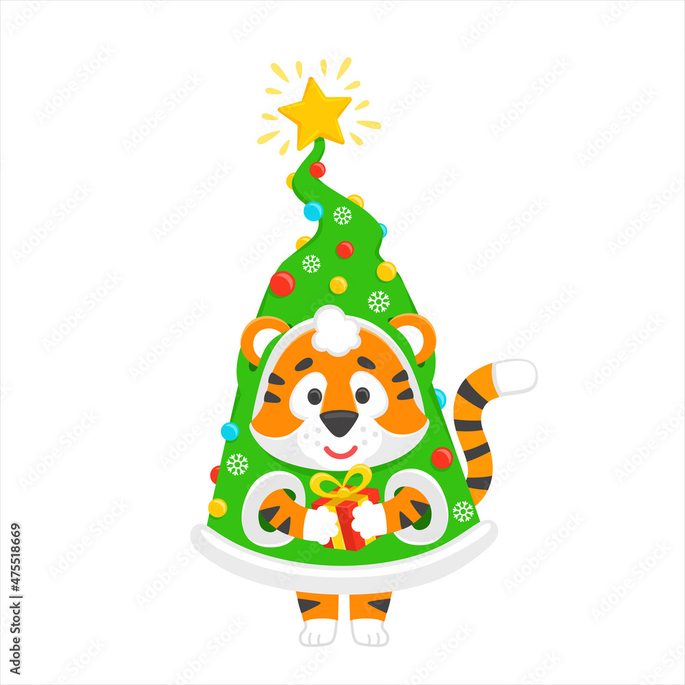 Tiger christmas tree with gift vector character