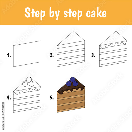Drawing tutorial for kids. Easy level. Education sheets. How to draw cake