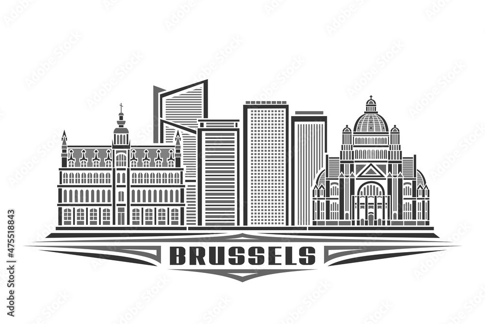 Vector illustration of Brussels, monochrome horizontal poster with linear design historical brussels city scape, urban line art concept with decorative lettering for word brussels on white background