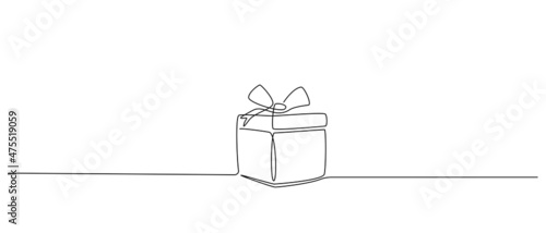 One Continuous line drawing of Christmas Gift box with ribbon and bow. Festive present and Wrapped surprise package in simple linear style. Doodle vector illustration
