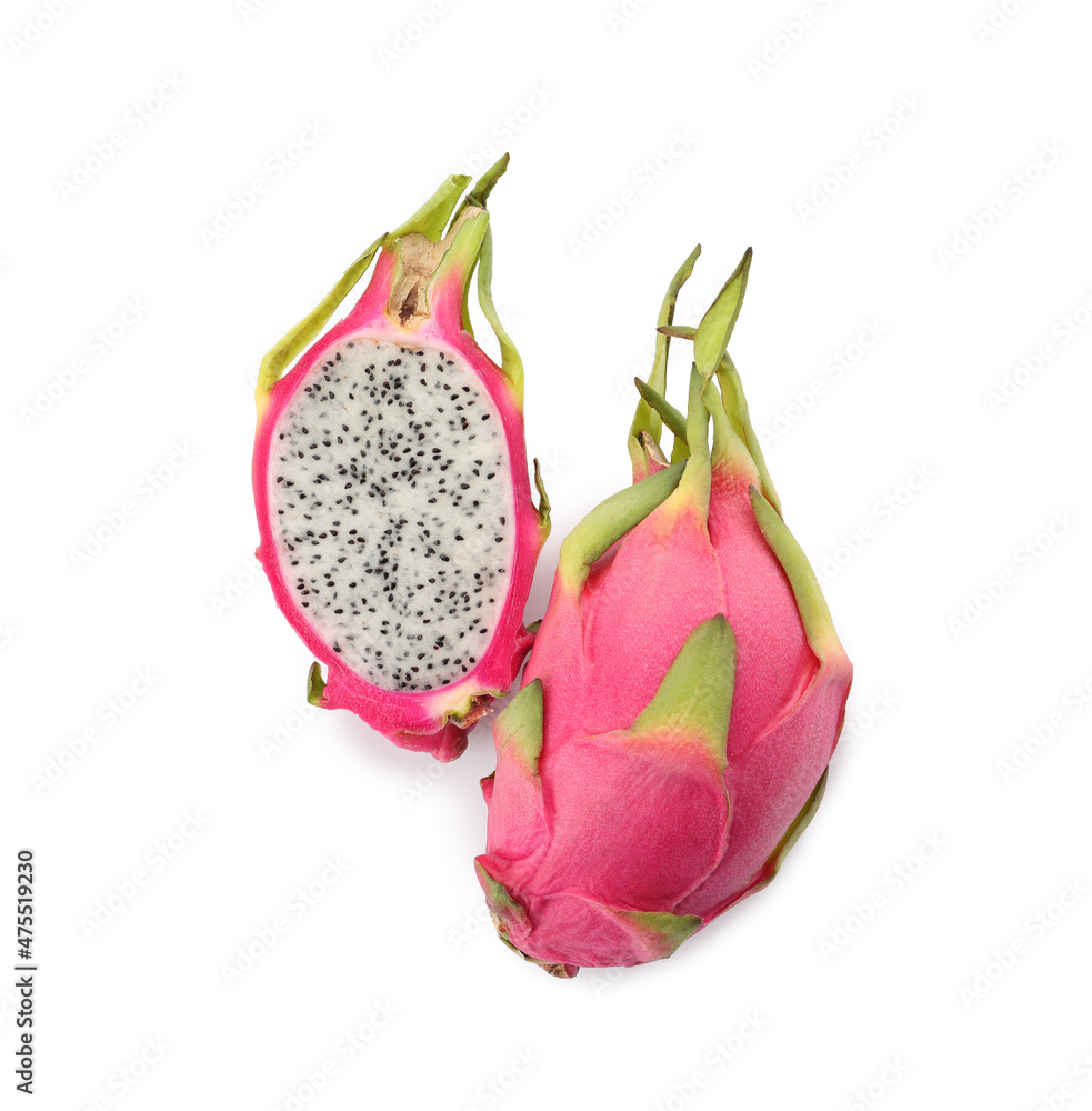 Delicious cut and whole dragon fruits (pitahaya) on white background, top view Delicious cut and whole dragon fruits (pitahaya) on white background, top view