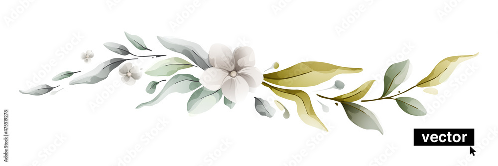 Vector watercolor botanical, leaf, and buds wave pattern. Herbal composition for wedding or greeting cards. Spring border with eucalyptus leaves, bouquet elements, lush foliage illustration.