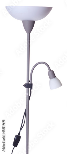 grey uplighter torchiere floor lamp with shade and small reading light isolated on white background