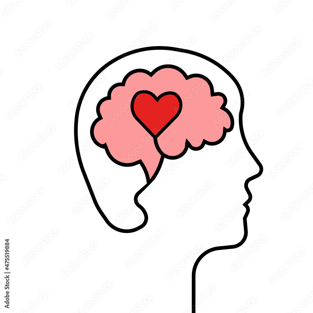 Head and brain outline with heart concept. illustration in flat design with shadow on light transparent background. Head and brain outline with heart concept. illustration in flat design with shadow on light transparent background.