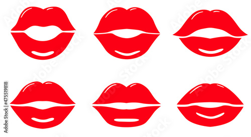 Red lips collection set. Red female glossy lips collection of various emotions. kiss ,smile, beauty