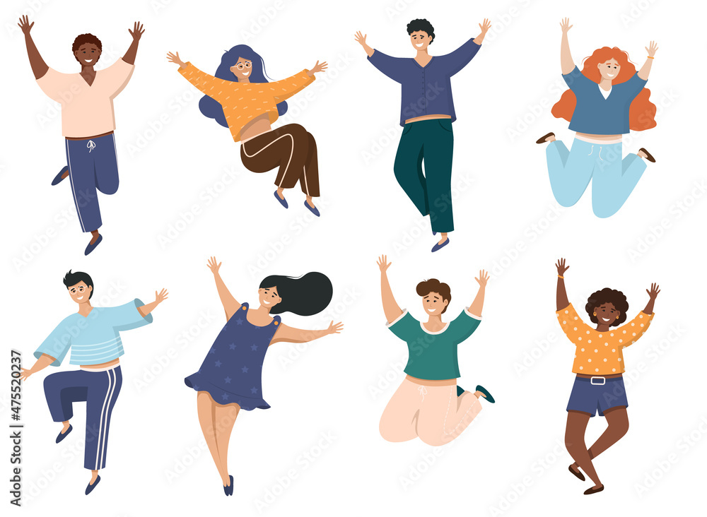 Happy energetic people in free poses set. Young positive men and women flying, dancing and jumping with fun and joy.