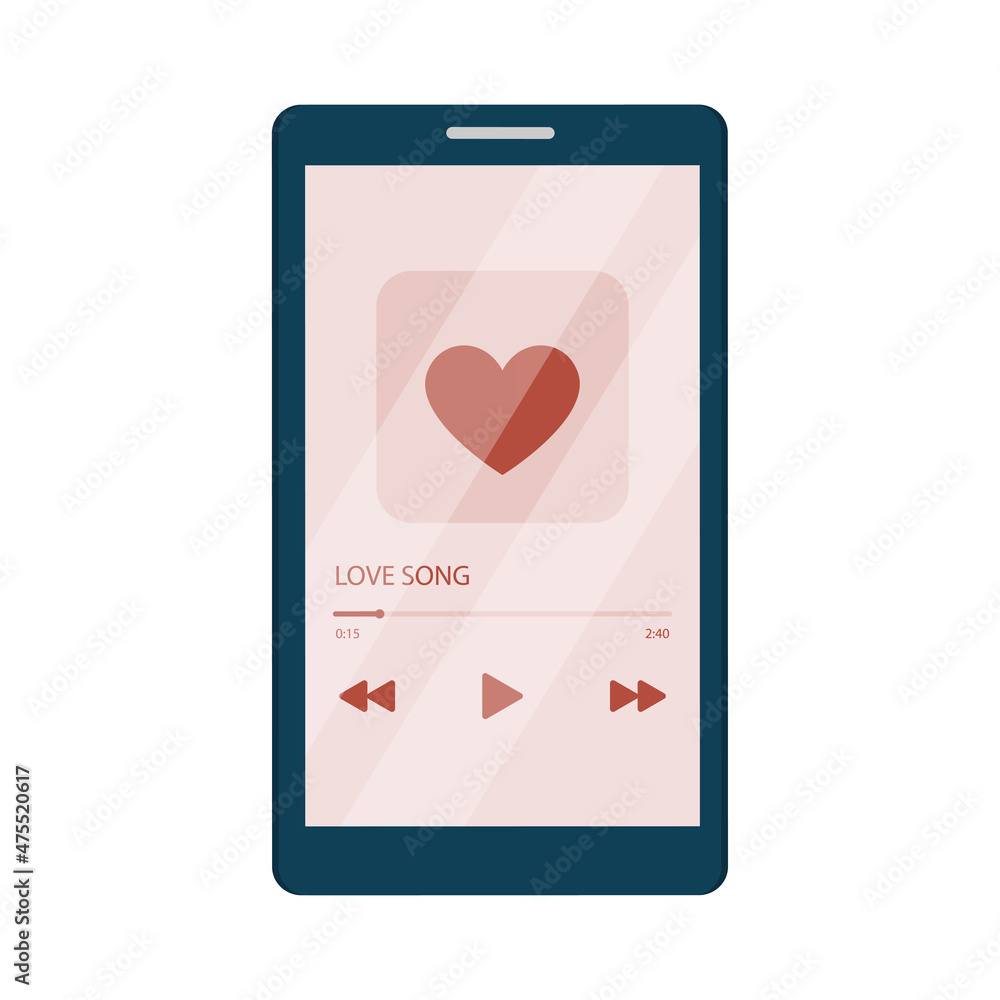 Love song. Music player on mobile phone screen. Vector illustration in flat cartoon style. Love song. Music player on mobile phone screen. Vector illustration in flat cartoon style.