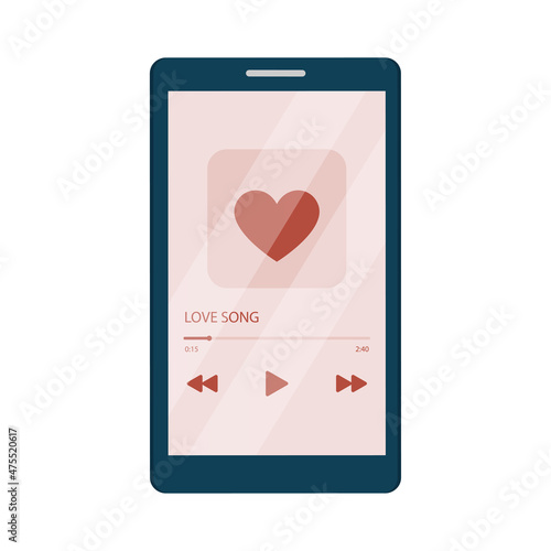 Love song. Music player on mobile phone screen. Vector illustration in flat cartoon style.