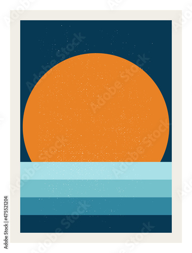 Abstract  sunrise or sunset  wall art poster. Modern artwork in scandinavian nordic style . Inspired by mid century modern design. Vector background with isolated texture and simple geometric shape © dinadankersdesign