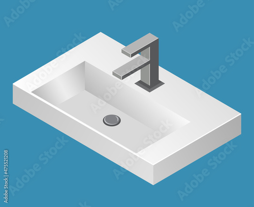 White isometric bathroom sink with faucet.