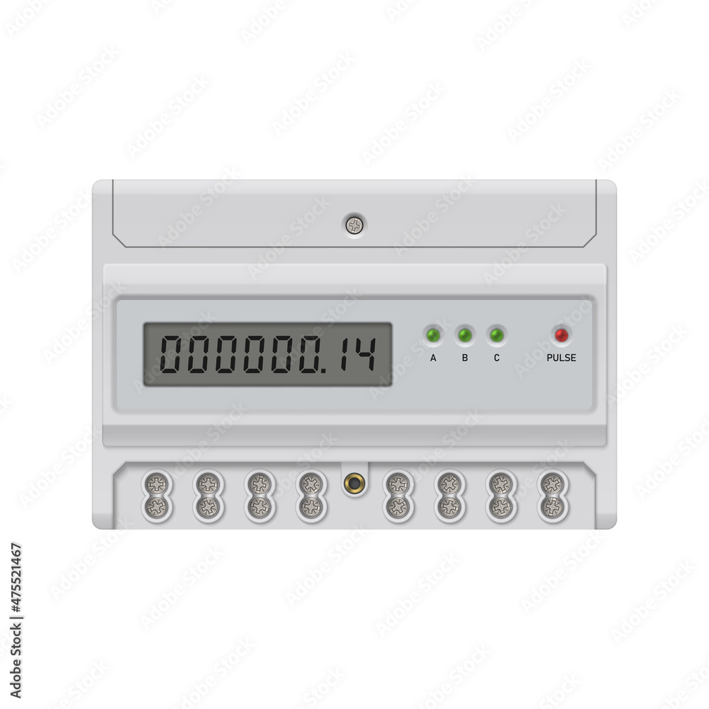 Realistic electricity meter with open bottom panel. Electricity meter on white background. Vector illustration. Realistic electricity meter with open bottom panel. Electricity meter on white background. Vector illustration.