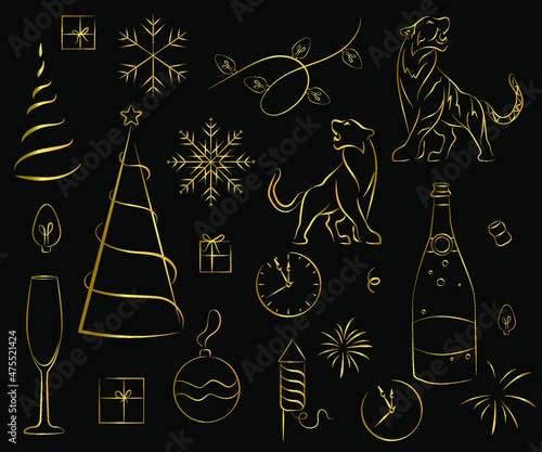 Happy new year the elements golden, Minimalistic text template, banner new year and christmas, vector illustration