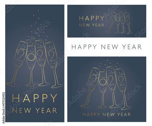 setHappy new year 2022 illustration with gold, glasses of champagne and a clock. Gold sequin, vector illustration, social media templates photo