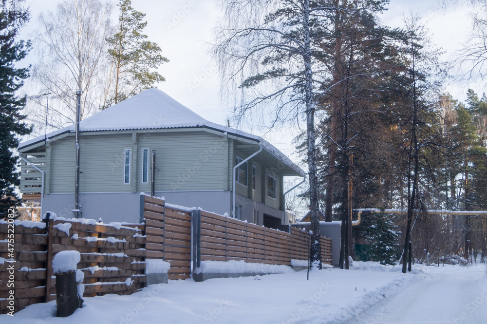 Country house in the village in winter. Rural street with private houses and pine trees. Selective focus