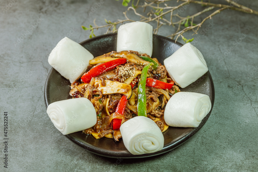 gochu japchae, Korean stirfried chili peppers and beef Stock Photo