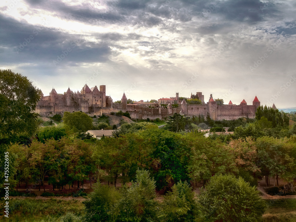 View of the Citadel of Carcassonne at sunset.