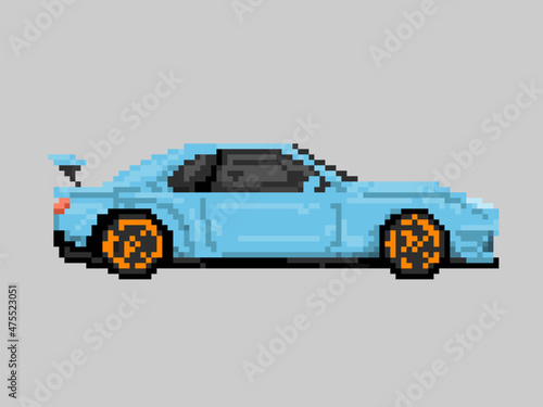 Illustration of blue street race car in pixel art style