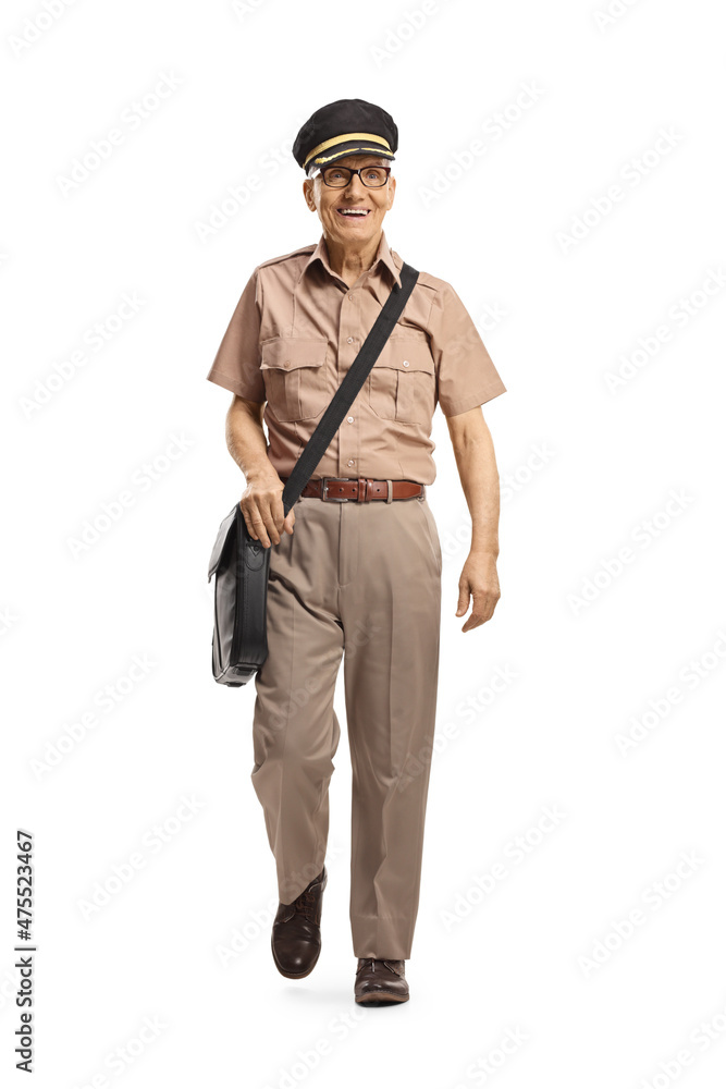 Full length portrait of a mature mailman walking towards camera and carrying a bag Full length portrait of a mature mailman walking towards camera and carrying a bag