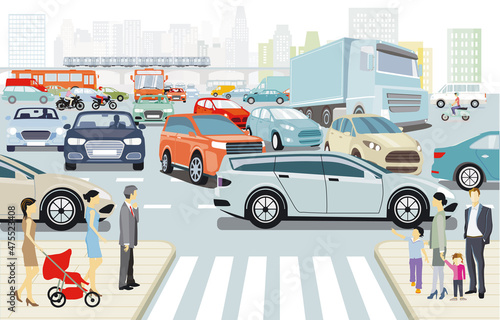 Großstadt in der rush hour mit einer Straßenkreuzung im Verkehrsstau und öffentlicher verkehr illustration