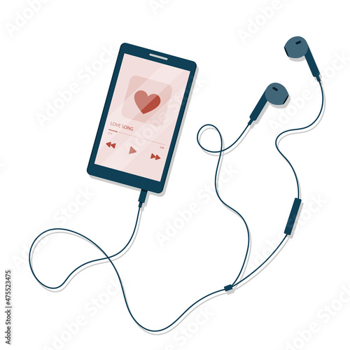 Love song. Music player on mobile phone screen with earphones. Vector illustration in flat cartoon style.