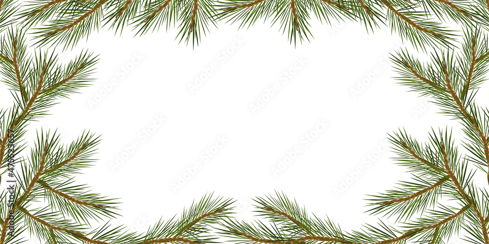 Frame made of pine branches. Winter vector illustration cartoon style. Branches of a Christmas tree needles square frame. Empty space for text.
