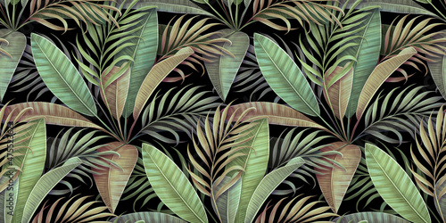Wallpaper Mural Green tropical leaves, exotic palm, jungle, foliage. Luxury seamless pattern. Hand-drawn pastel vintage 3d illustration. Dark watercolor background, art. Wallpaper, cloth, fabric printing, goods, wall Torontodigital.ca