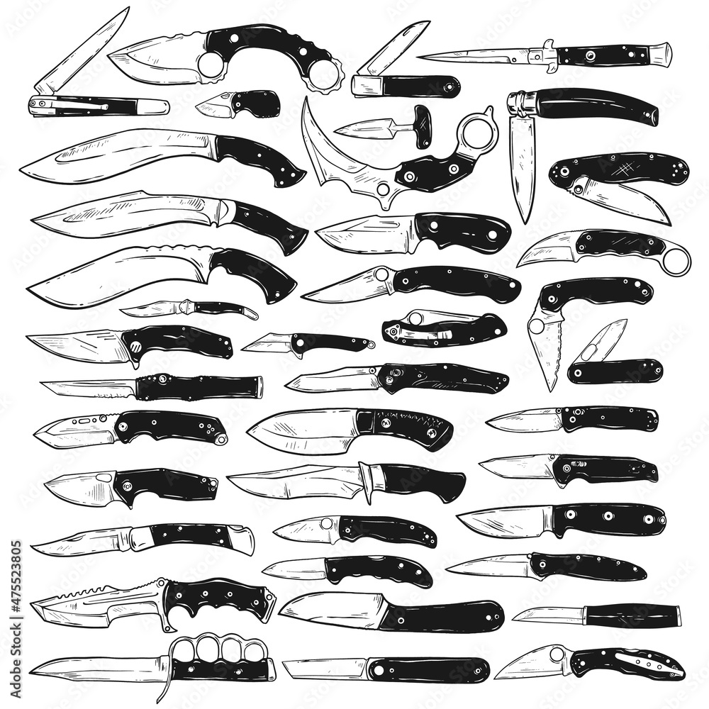 Vector Knives Set Isolated on White, collection of knives for various purposes - obrazy, fototapety, plakaty 