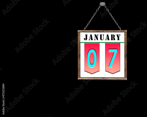 07 January, calendar of January, black background with empty space for text. photo