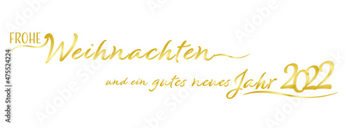 Frohe Weihnachten und ein gutes neues Jahr 2022 in gold auf weißem Hintergrund.