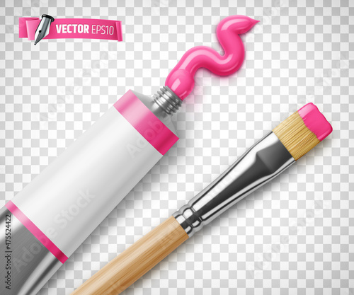 Vector realistic illustration of a pink paint tube and paintbrush on a transparent background.