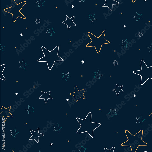 Seamless picture pattern with stars of white  yellow and blue color on a dark sky background.