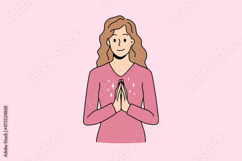 Thankfulness and good attitude concept. Young smiling female wearing red jacket standing with crossed hands on breast feeling thankful vector illustration 