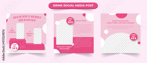 Canvas Set of pink bubble milk drink shop and cafe restaurant menu for social media pos