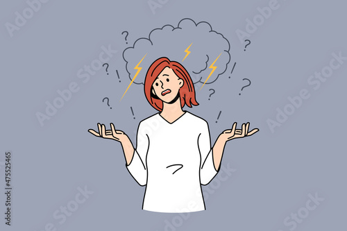 Feeling disappointed and angry concept. Young furious woman shouting with stormy rain and weather above from cloud feeling stressed and rage vector illustration 