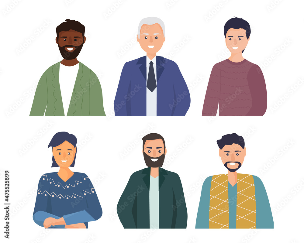 Set portraits of men of different gender and age, different ethnic nationalities and races. vector flat illustration Set portraits of men of different gender and age, different ethnic nationalities and races. vector flat illustration