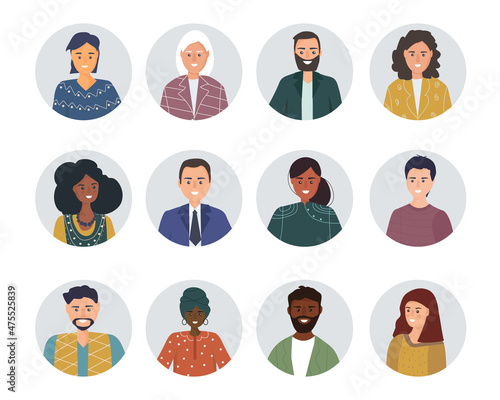 People of different gender and age, different ethnic nationalities and races. portraits in round icons. flat vector