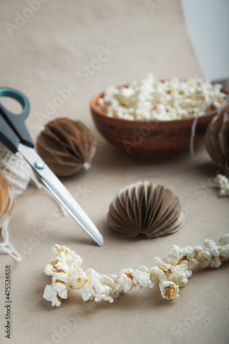 DIY Scandinavian Nordic Craft Paper Christmas Balls and garland of popcorn. Eco friendly New Year from handmade decor...