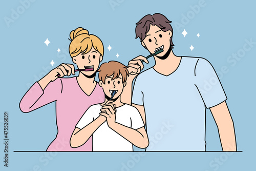 Dental hygiene and cleaning concept. Happy positive family mother father and son standing and brushing teeth during morning routine rituals vector illustration 