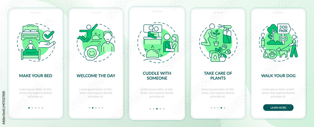 Everyday routine tips green onboarding mobile app screen. Starting day walkthrough 5 steps graphic instructions pages with linear concepts. UI, UX, GUI template. Myriad Pro-Bold, Regular fonts used Everyday routine tips green onboarding mobile app screen. Starting day walkthrough 5 steps graphic instructions pages with linear concepts. UI, UX, GUI template. Myriad Pro-Bold, Regular fonts used