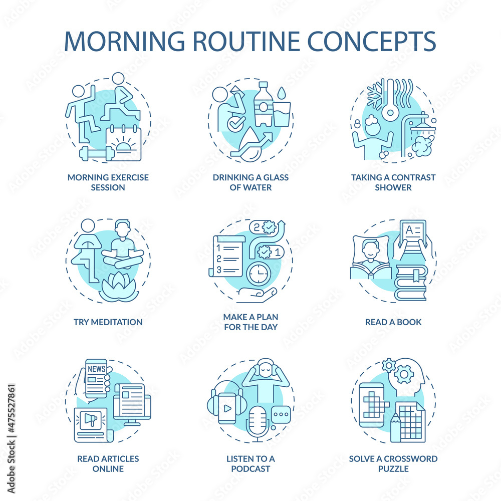 Morning routine turquoise concept icons set. Daily rituals for productivity. Healthy habits idea thin line color illustrations. Isolated outline drawings. Roboto-Medium, Myriad Pro-Bold fonts used