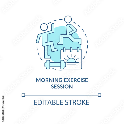 Morning exercise session turquoise concept icon. Active day starting abstract idea thin line illustration. Isolated outline drawing. Editable stroke. Roboto-Medium, Myriad Pro-Bold fonts used