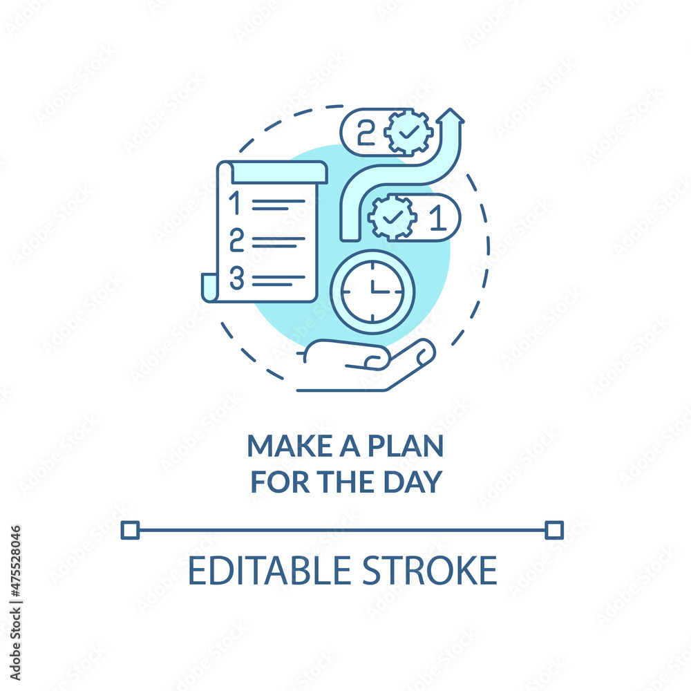 Make plan for day turquoise concept icon. Checking tasks in morning abstract idea thin line illustration. Isolated outline drawing. Editable stroke. Roboto-Medium, Myriad Pro-Bold fonts used Make plan for day turquoise concept icon. Checking tasks in morning abstract idea thin line illustration. Isolated outline drawing. Editable stroke. Roboto-Medium, Myriad Pro-Bold fonts used