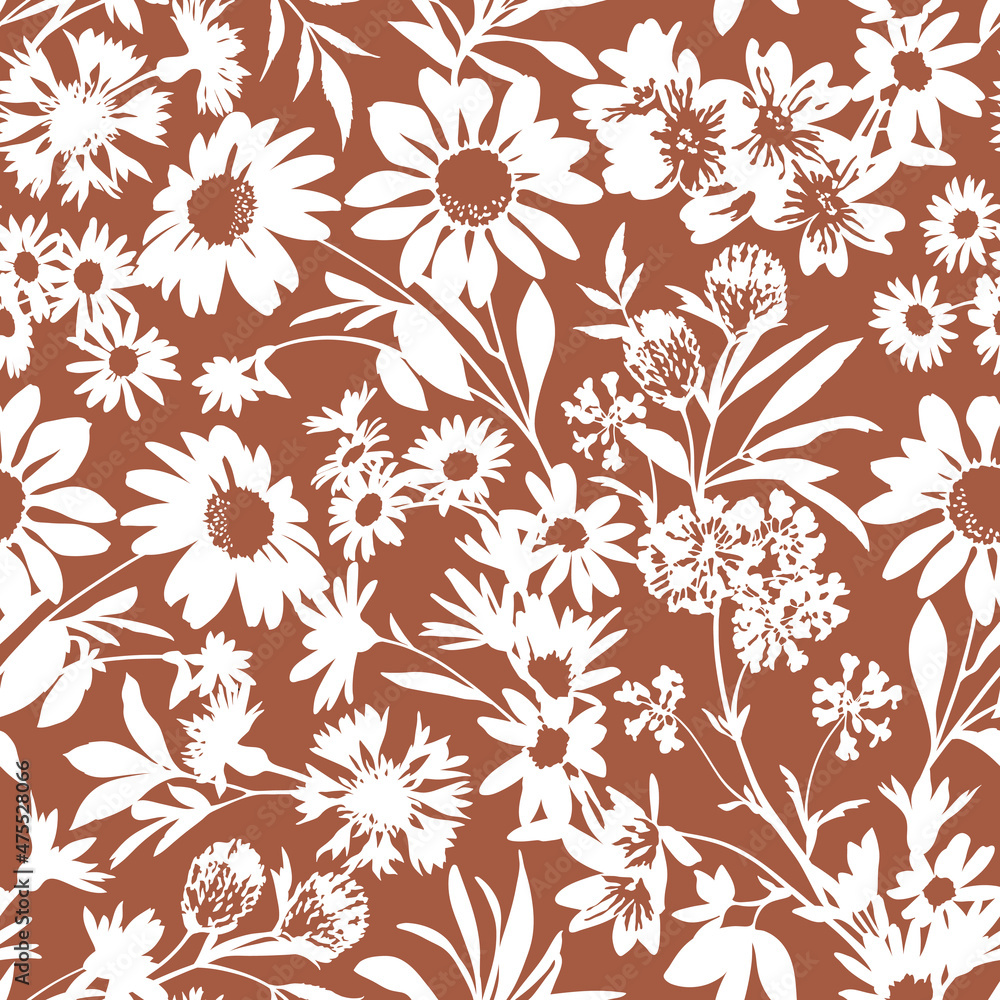 Seamless vector pattern with wildflower silhouettes. Perfect for textile, wallpaper or print design. 