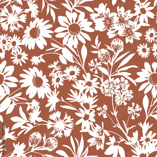 Seamless vector pattern with wildflower silhouettes. Perfect for textile, wallpaper or print design. 