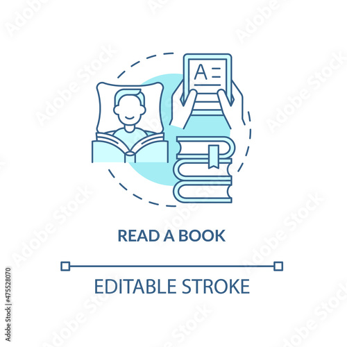 Read book turquoise concept icon. Relax and study. Morning routine for health abstract idea thin line illustration. Isolated outline drawing. Editable stroke. Roboto-Medium, Myriad Pro-Bold fonts used
